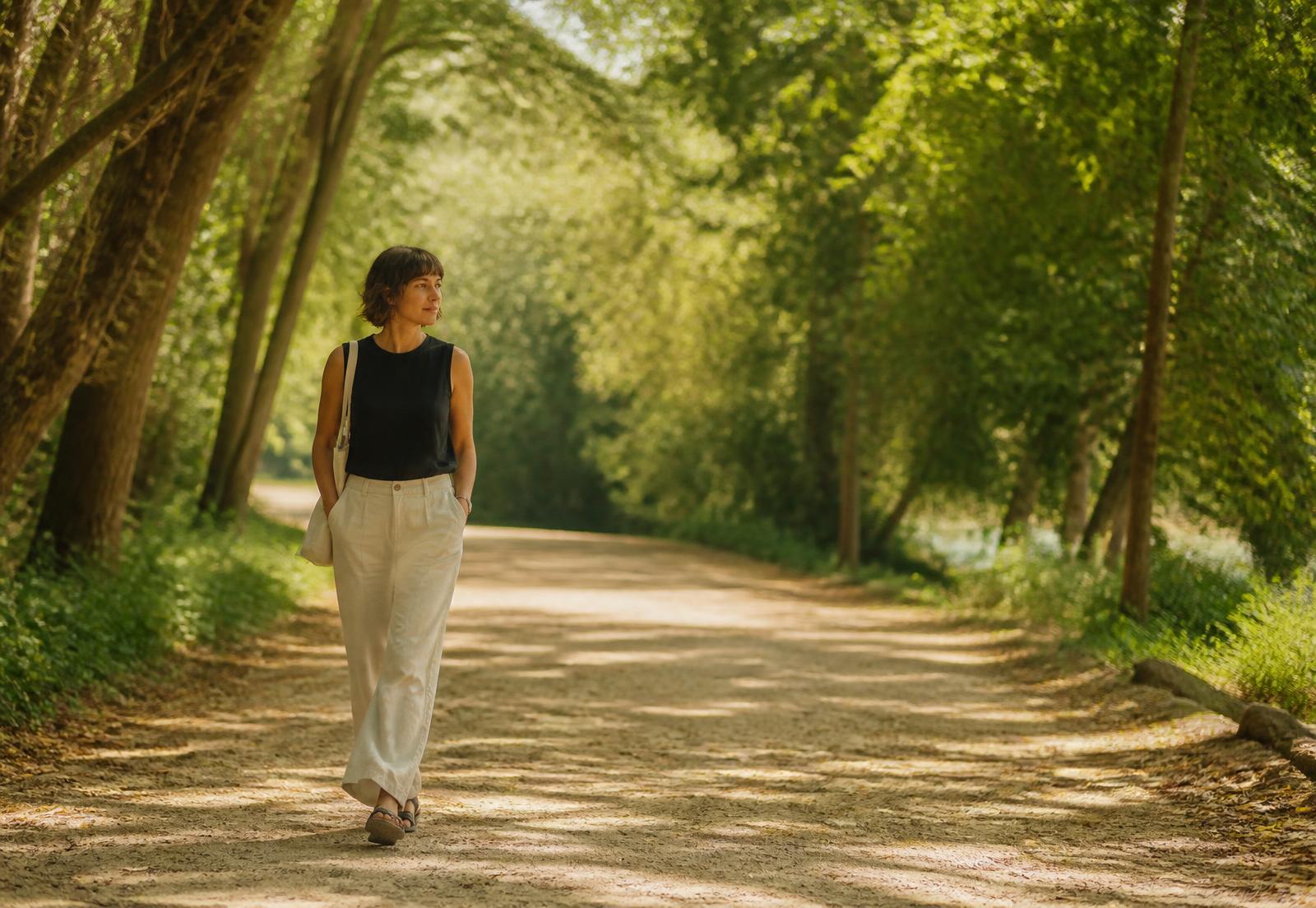 A person walking comfortably along a sunlit tree-lined path