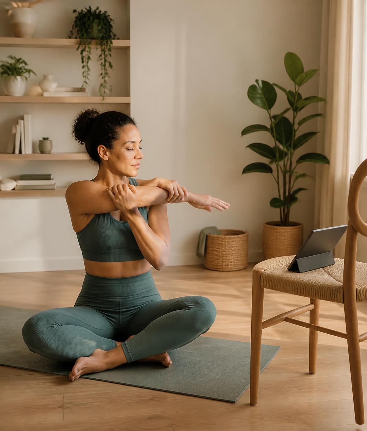 A woman performing a guided shoulder stretch on a mat while following a session on a tablet