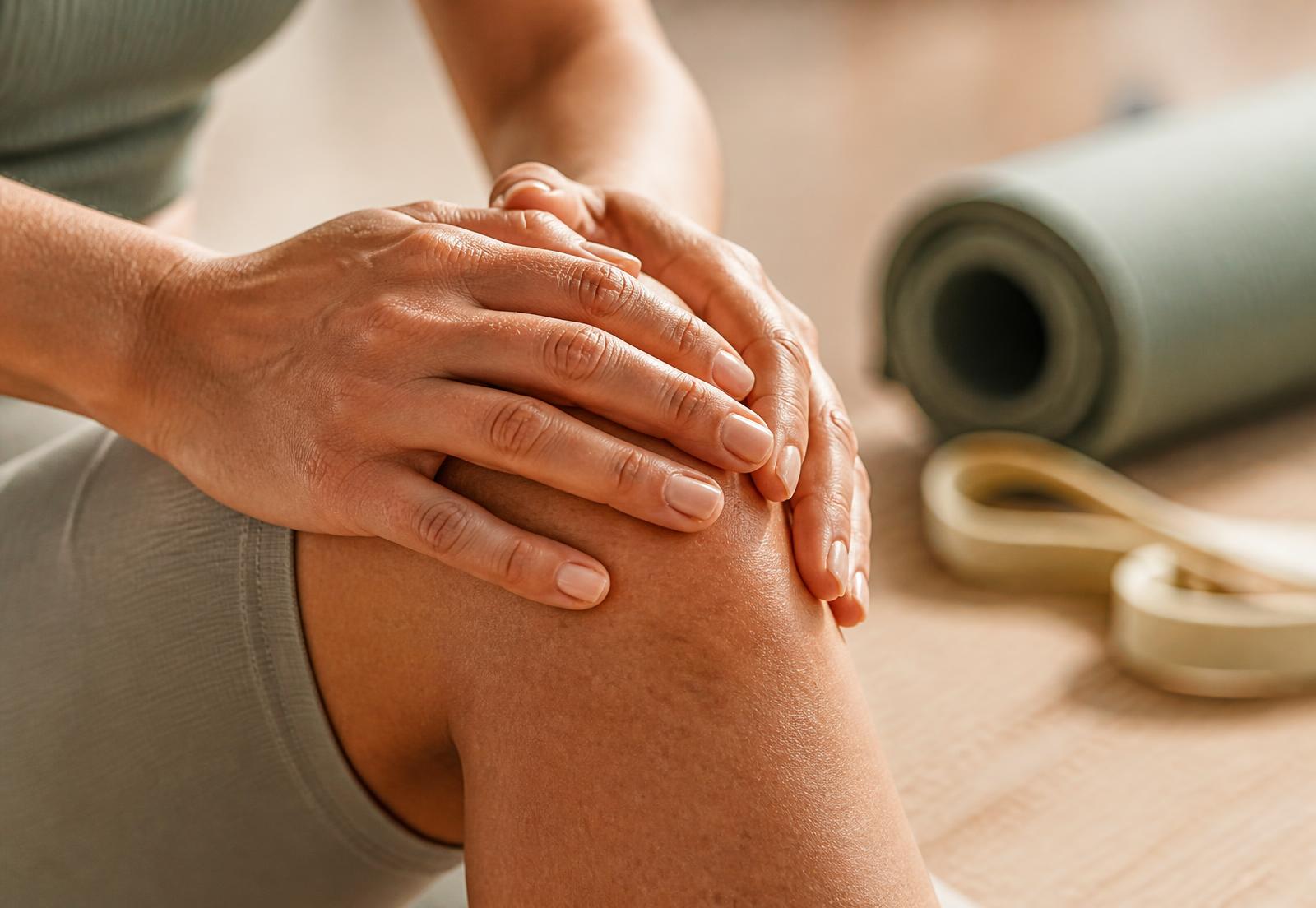 Close-up of hands resting gently on a knee during a mobility exercise, with an exercise mat nearby